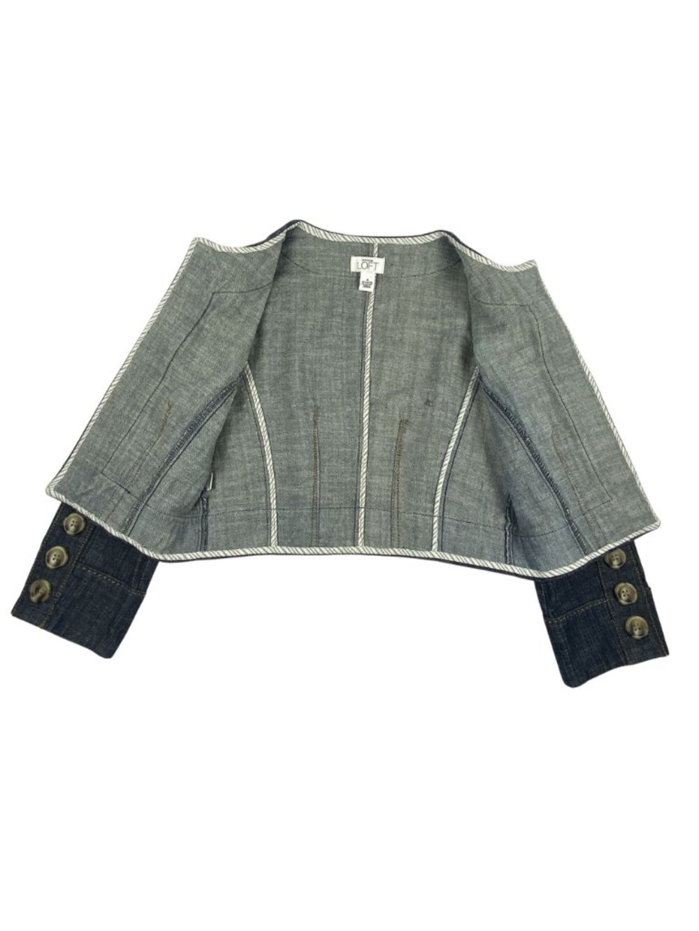 Ann Taylor Loft Denim Cropped Fitted Jacket Women’s Size 0 Button Cuff - Picture 8 of 10